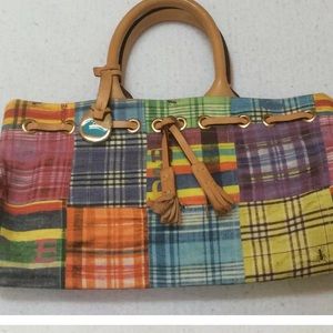 RARE Dooney & Bourke Leather Tassel Canvas Patchwork Plaid Tote Handbag  w-Ants